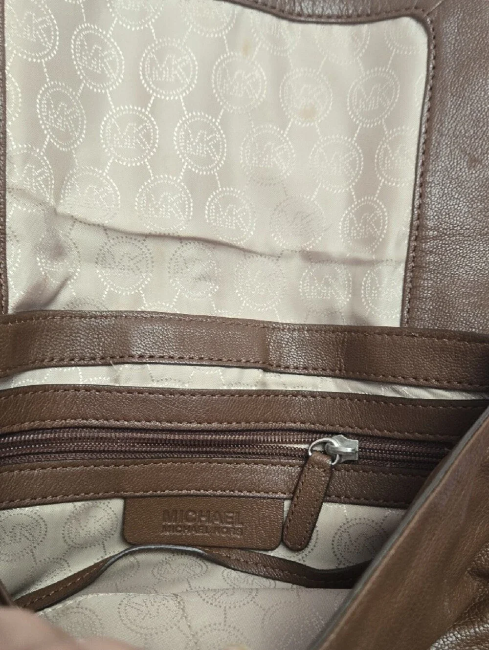 Michael Kors Brown Leather Shoulder Bag with Silver Chain